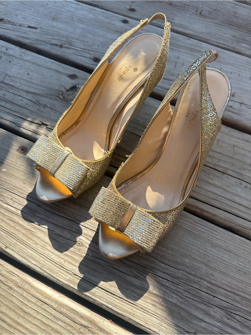 Kate Spade Sawyer Gold/Starlight Old Gold Metallic Bow Slingback Heels, Size 8